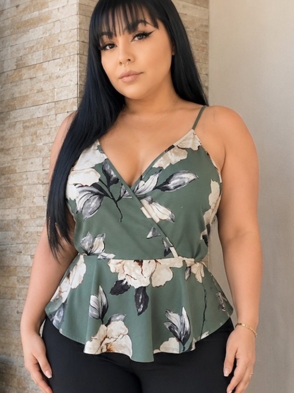 Monteau Green Floral Peplum Tank Top XL Wrap Cami Cottagecore Boho Chic